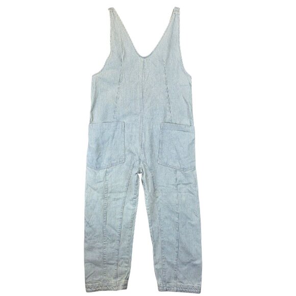 Free People We The Free High Roller Railroad Jumpsuit Womens L Striped Denim - Picture 1 of 11